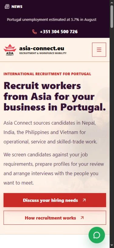 Asia Connect Europe — pagina principală pe telefon