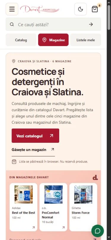 Davart — pagina principală pe telefon